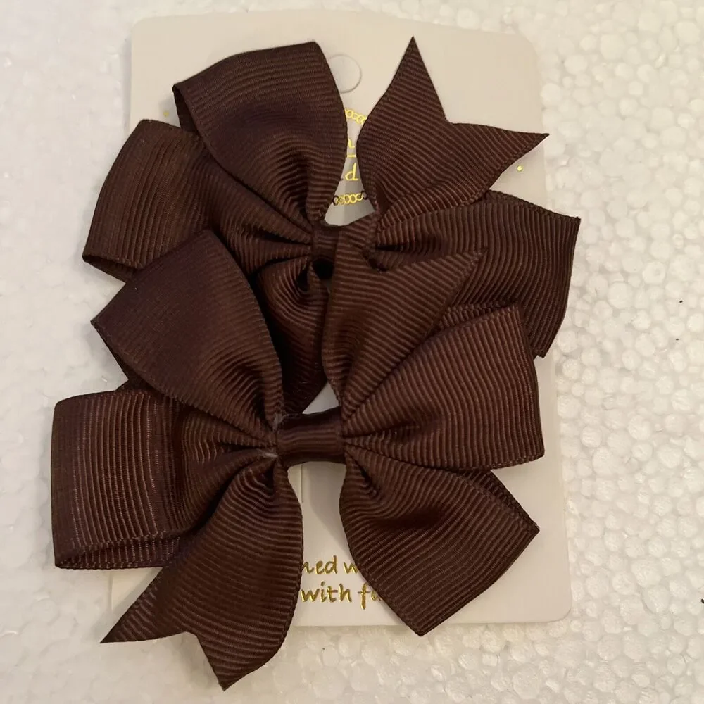 Brown Hair Bow Clips Grosgrain Ribbon Baby Toddler Girl Hair Barrette Set